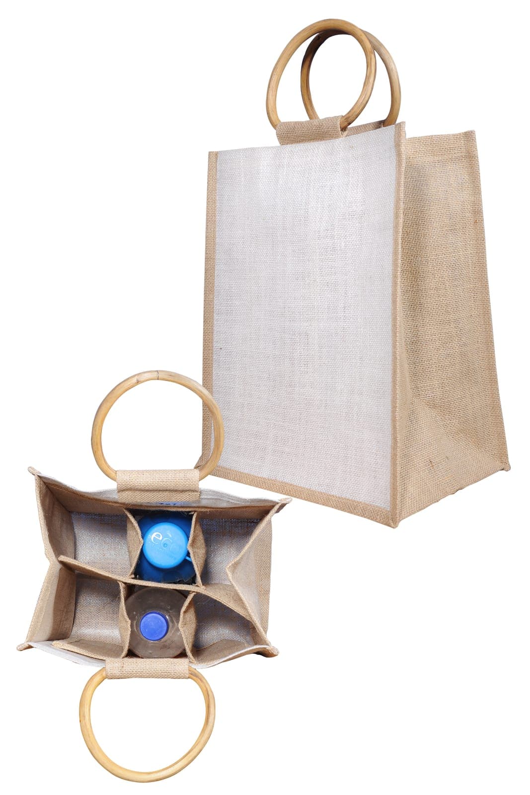 Natural jute bottle gift bag, shown with the dividers inside