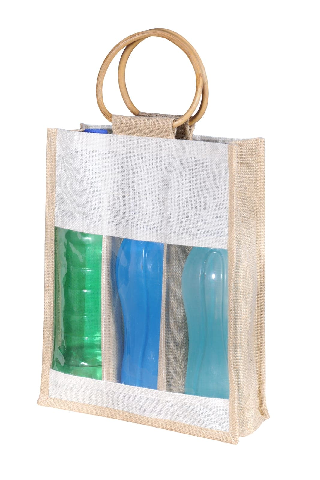 Natural jute three-bottle bag with a clear window and bamboo handles
