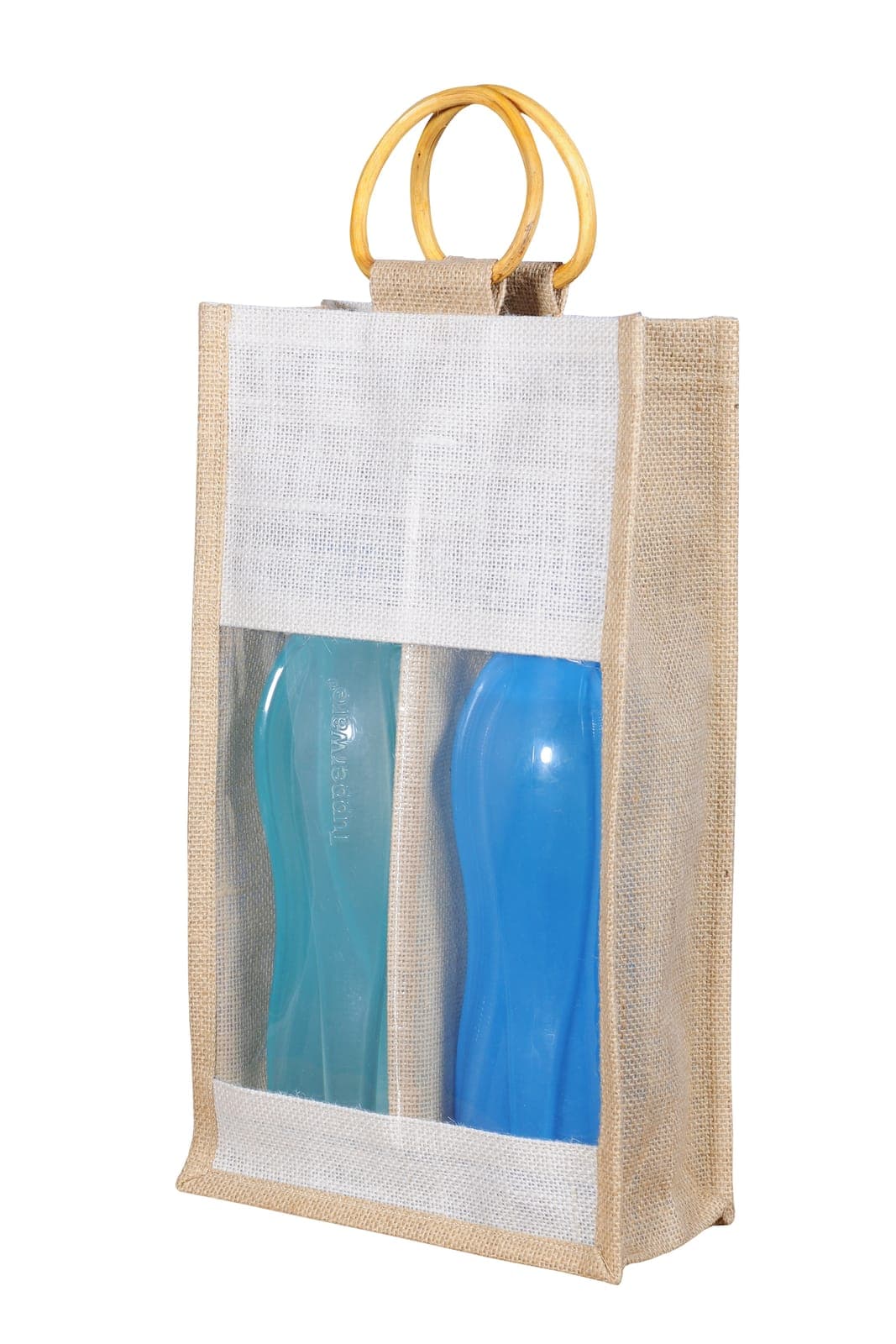 Natural jute two-bottle bag with a clear window and bamboo handles