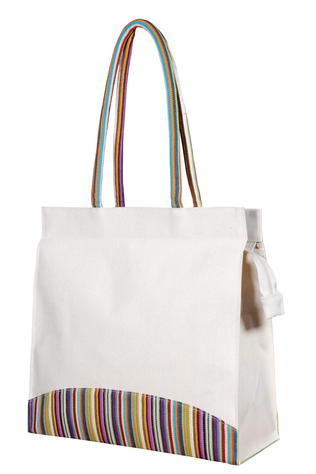 Cream cotton bag with a striped fabric panel and striped handles