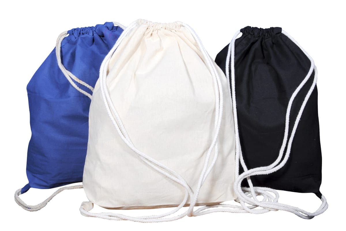 Cotton drawstring backpacks in cream, blue and black