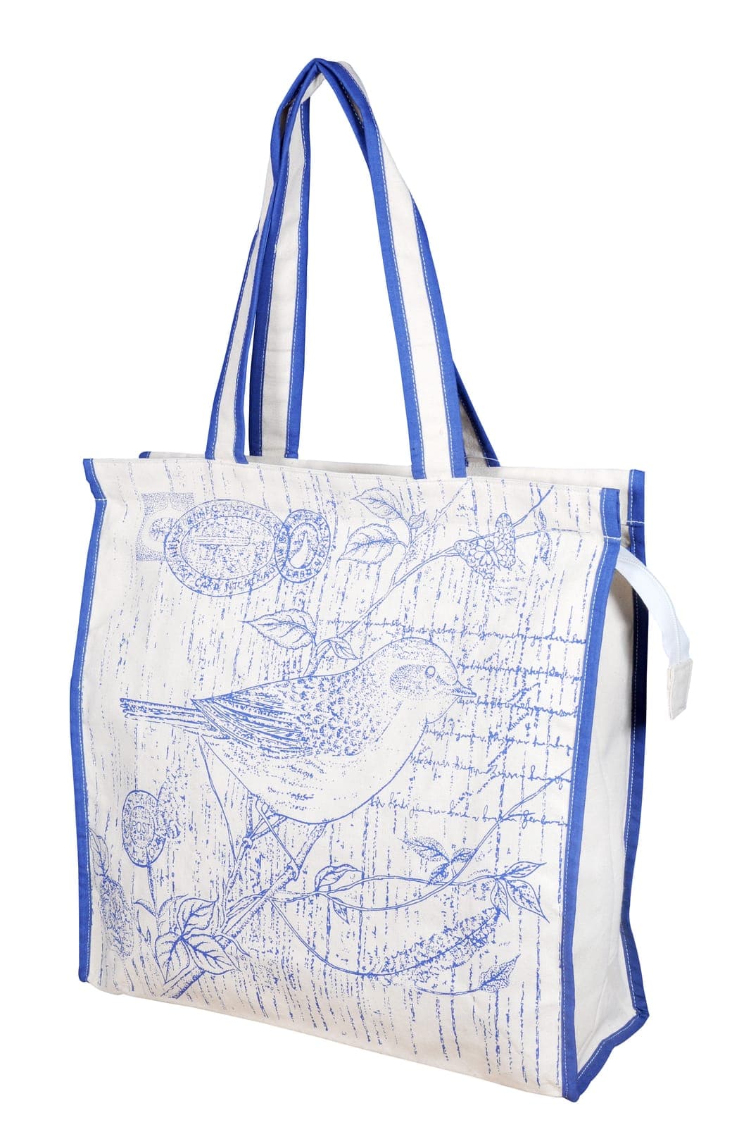 Cotton shopper bag with a blue bird print and striped handles