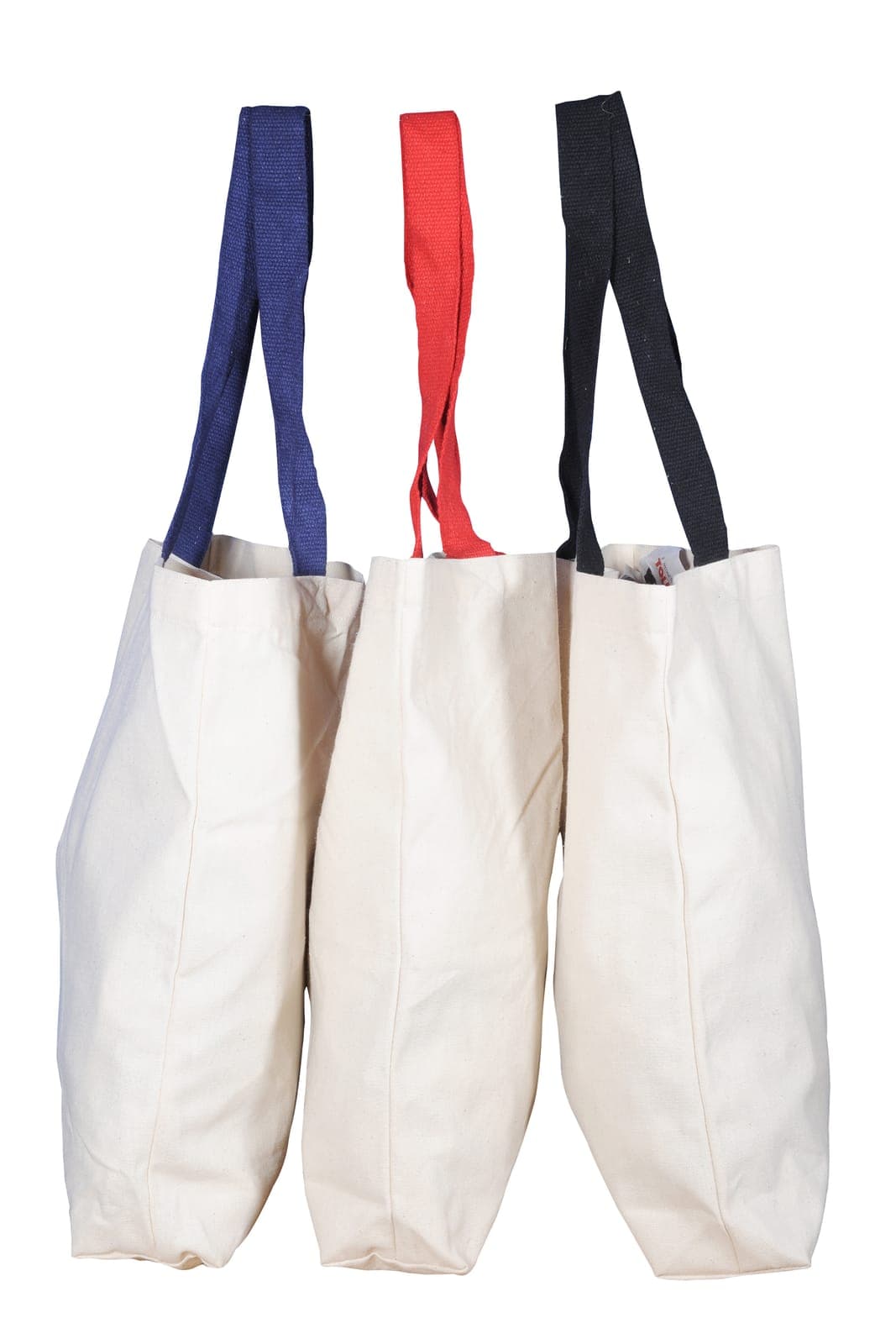 Three cream cotton tote bags with navy, red and black handles