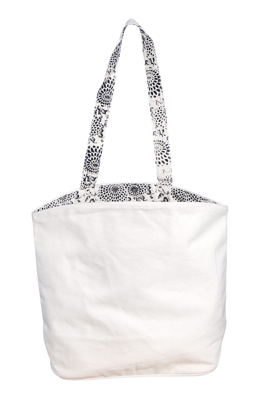 Cotton tote bag with a black and white patterned lining