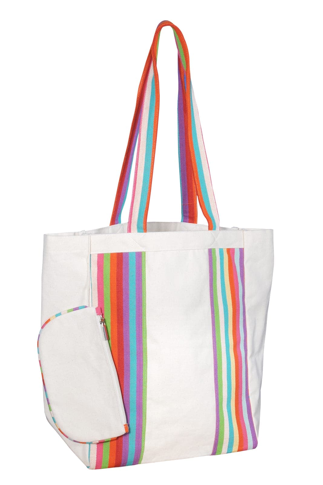 Cream cotton tote bag with a striped panel and a matching foldable pouch