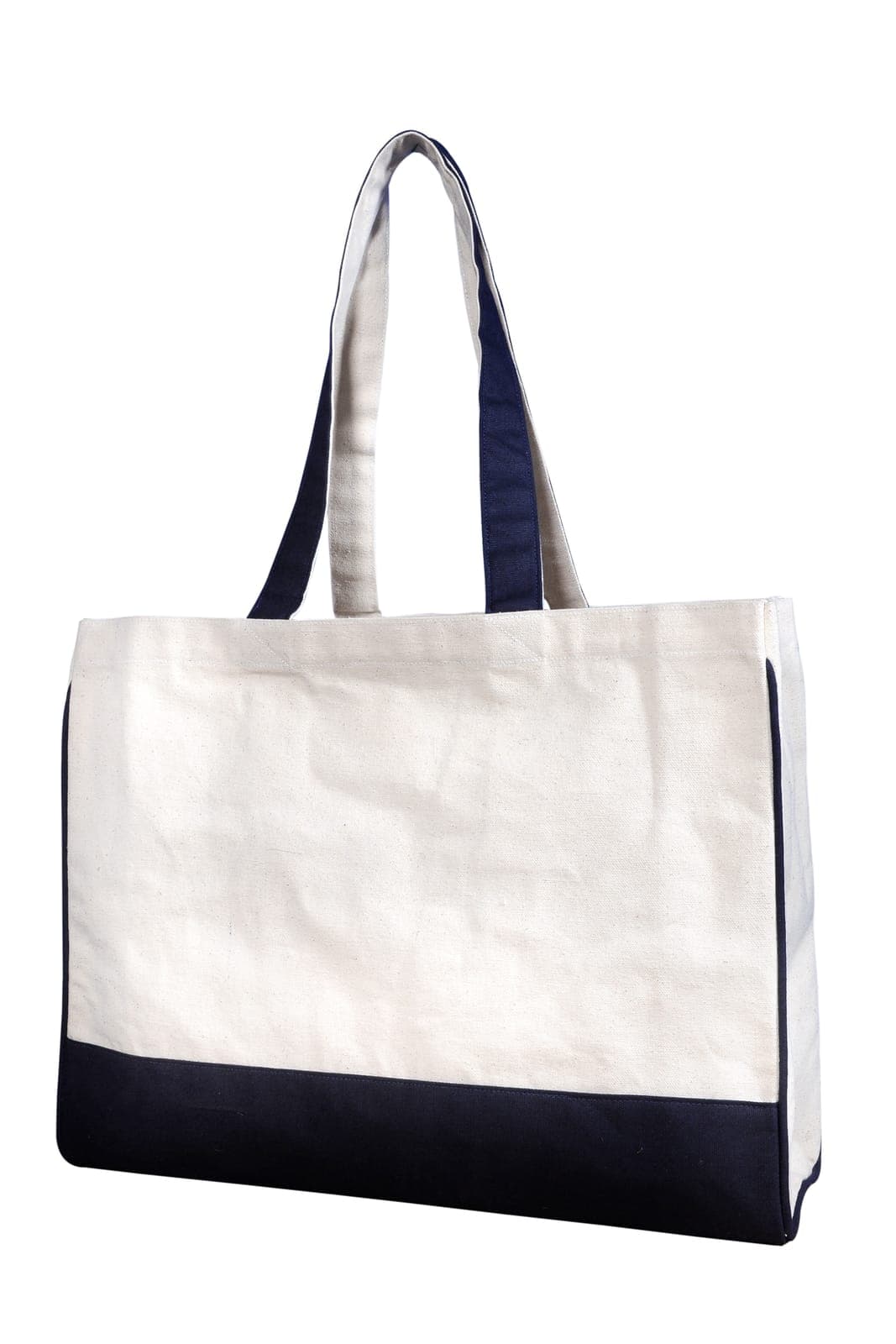 Cream cotton tote bag with a navy base and navy handles