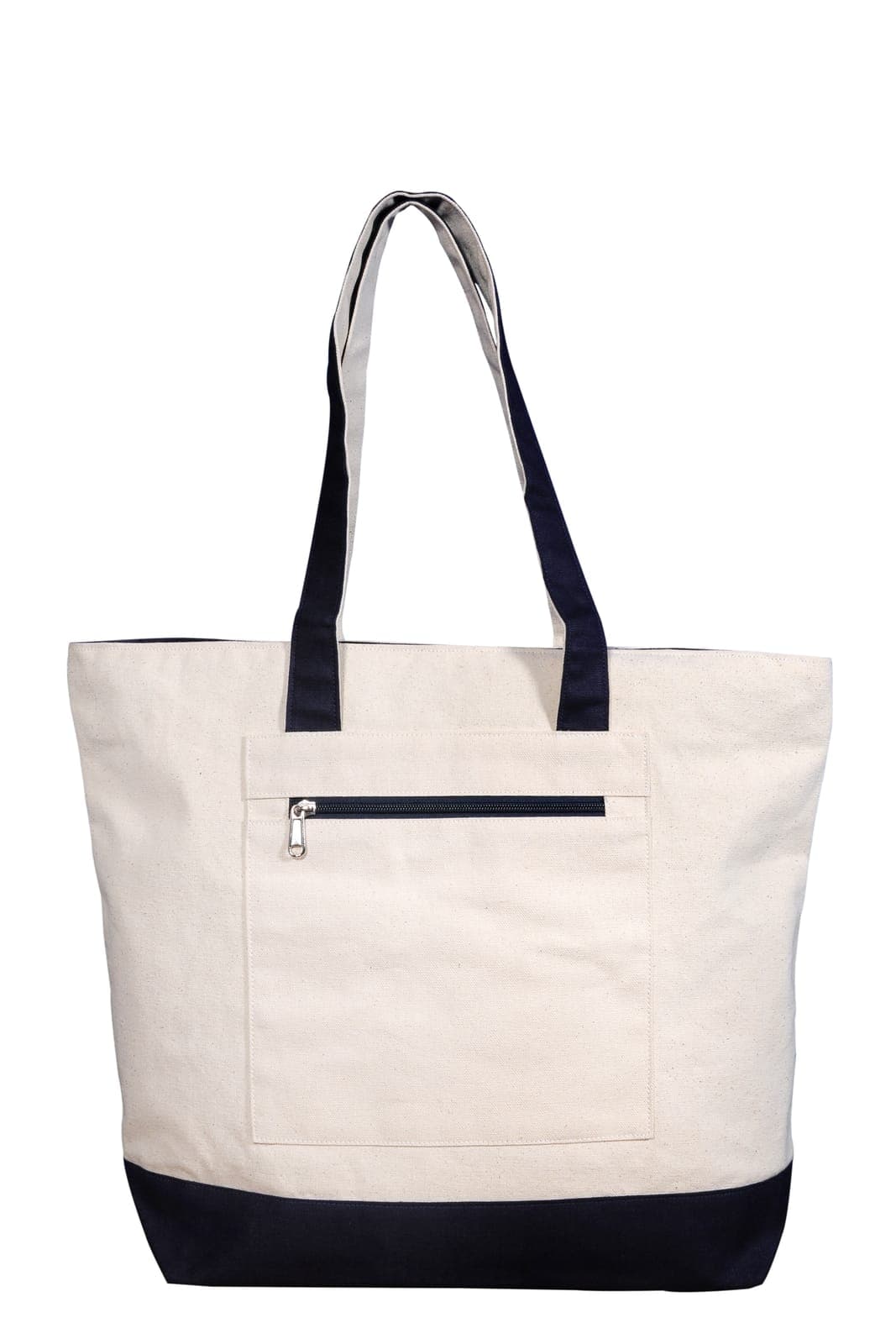 Cream cotton tote bag with navy handles and a front zip pocket