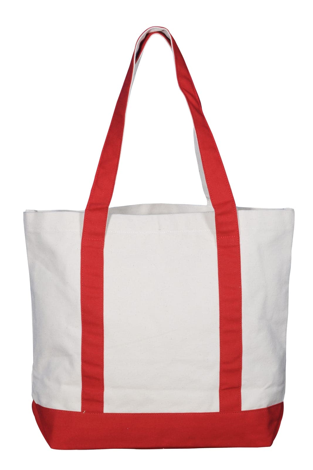 Cream cotton tote bag with red handles and a red base