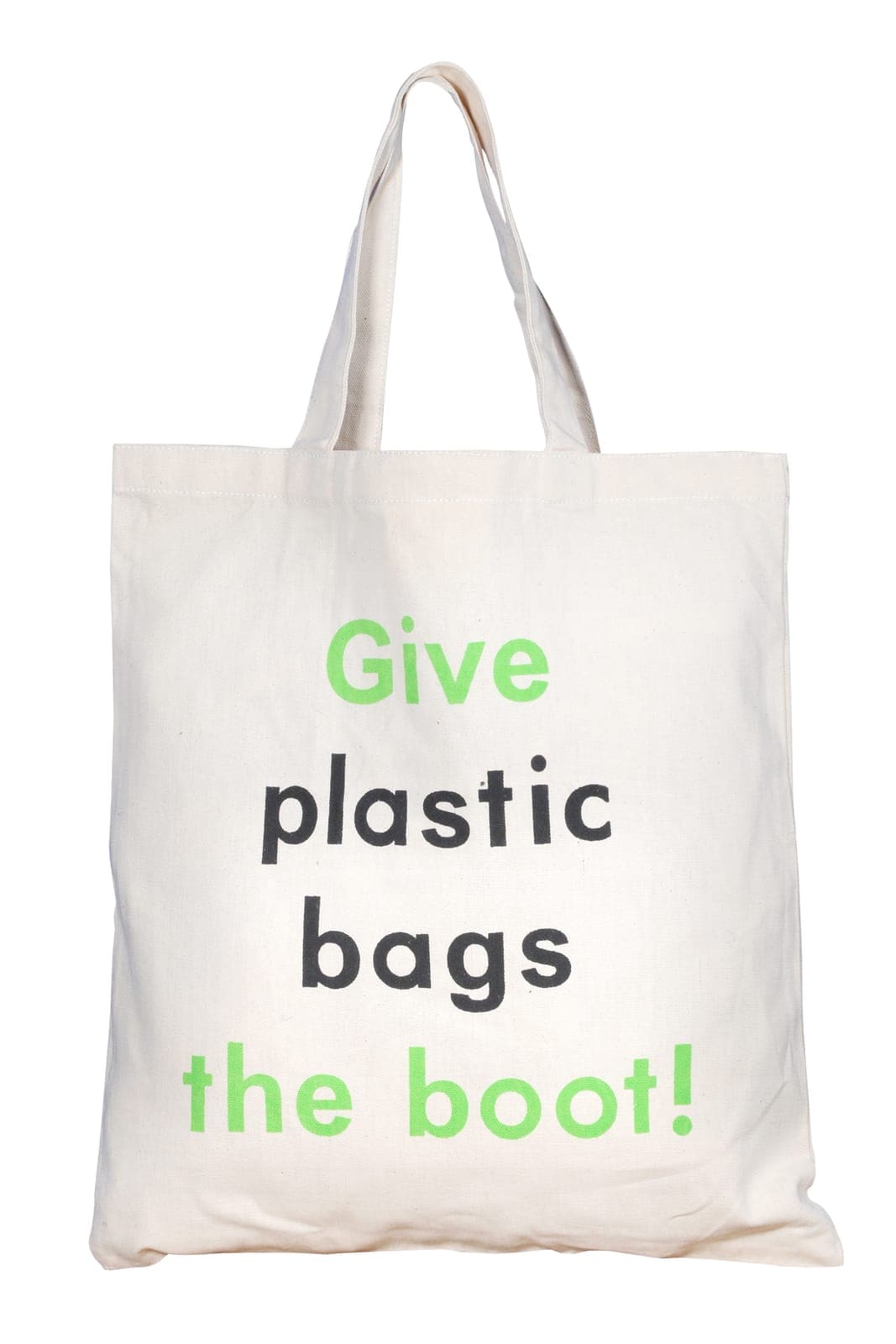 Cream cotton tote bag with a custom green and grey printed slogan, a sample made for a client