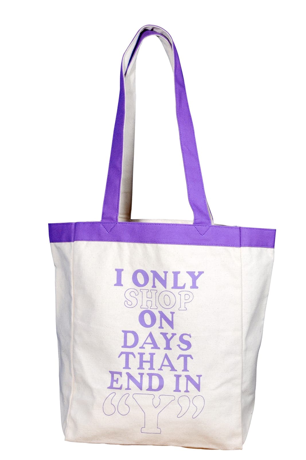 Cream cotton tote bag with purple handles and a custom printed slogan, a sample made for a client