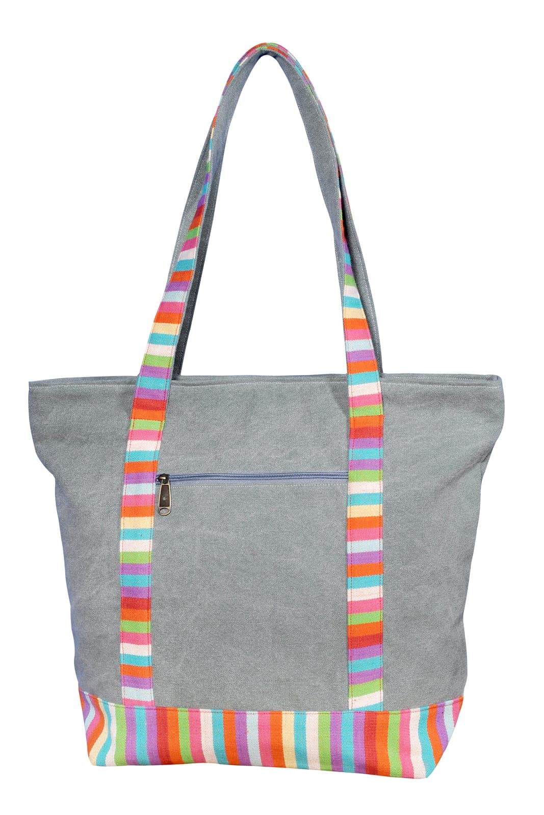 Grey cotton tote bag with rainbow striped trim and a zip