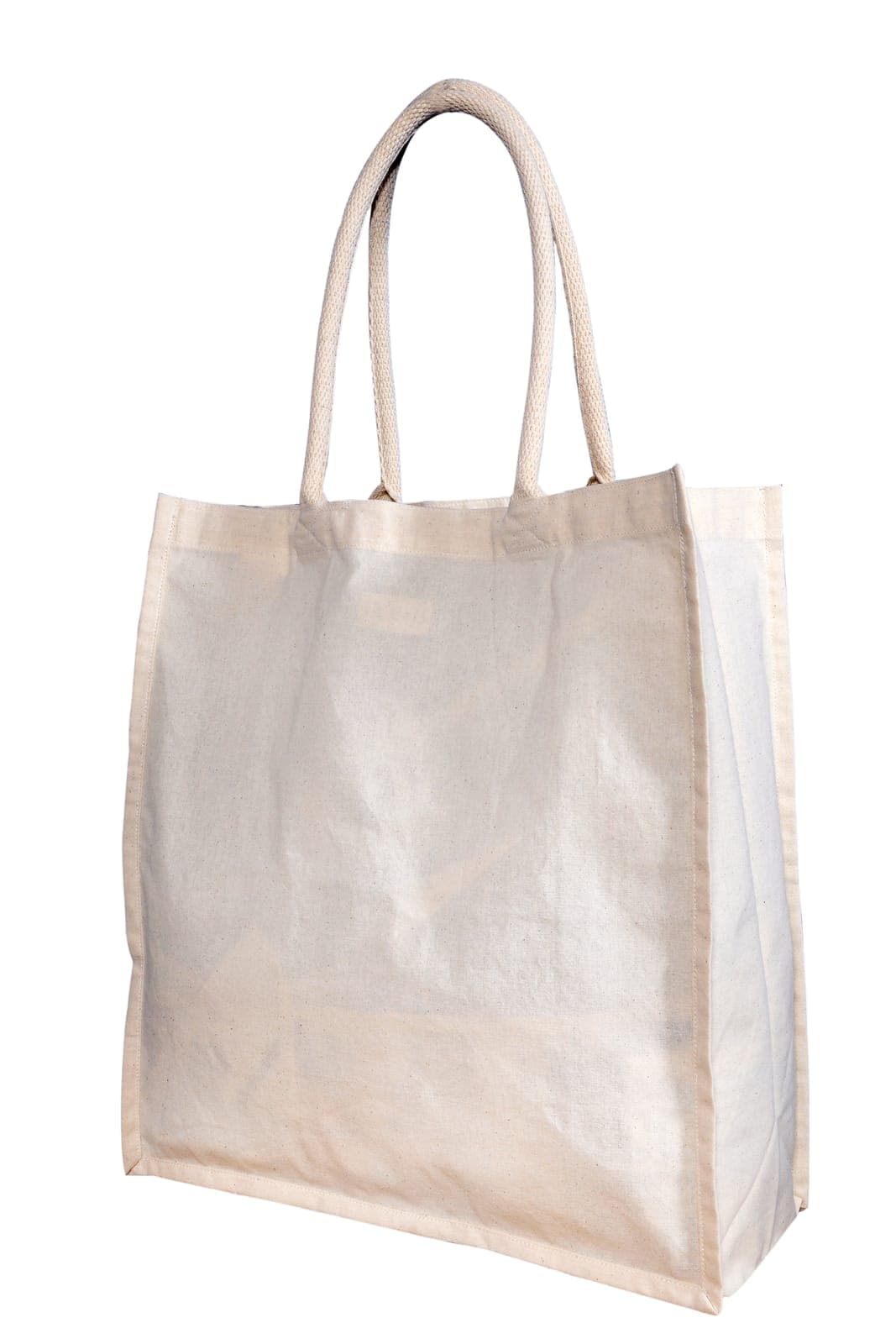 Natural cotton tote bag with cream handles and a wide base