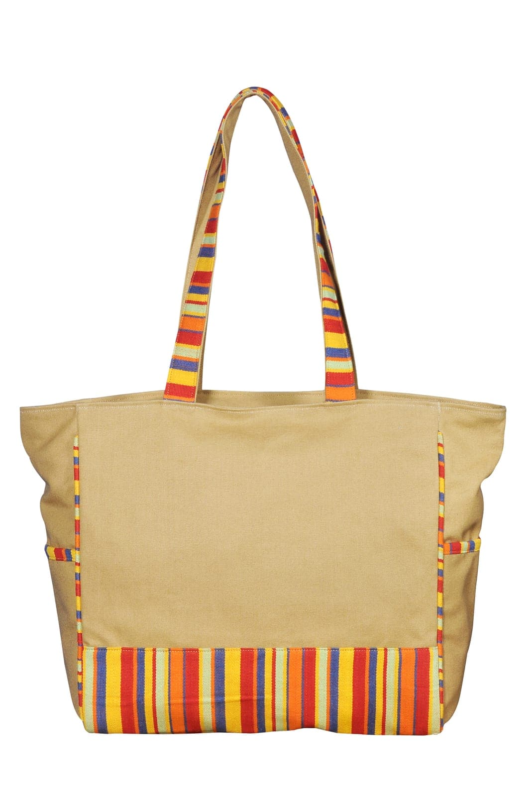 Beige tote bag with a striped base and side pockets