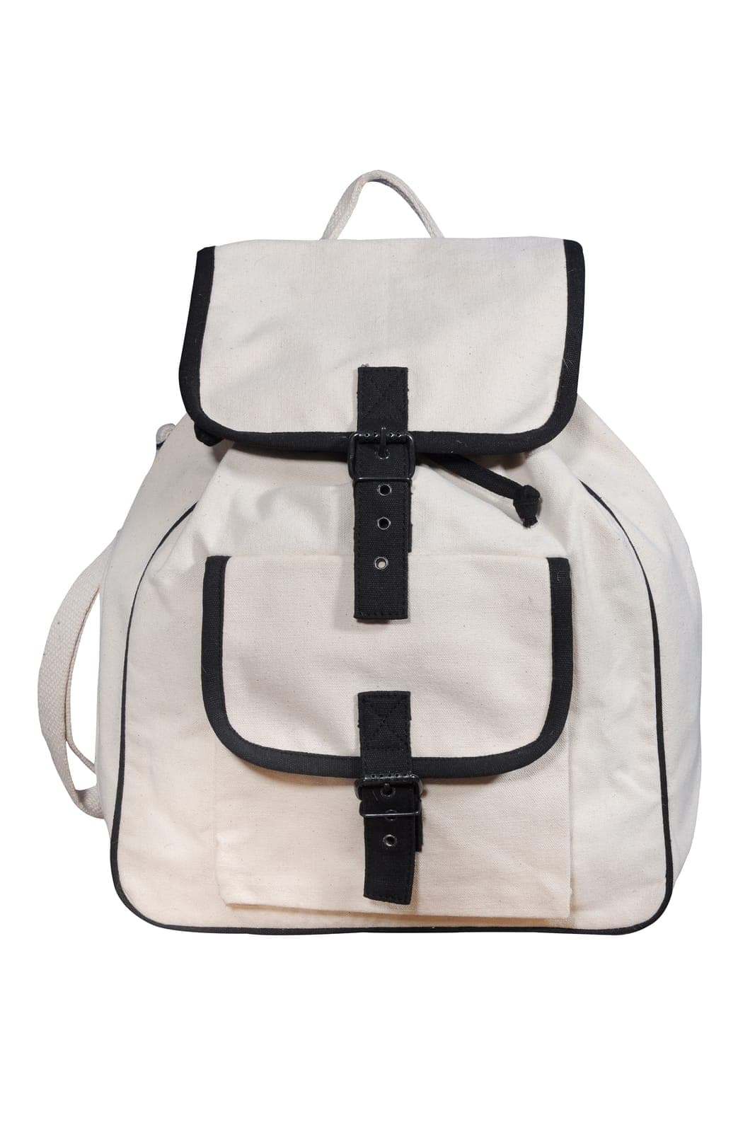Cream canvas backpack with black trim and a buckle