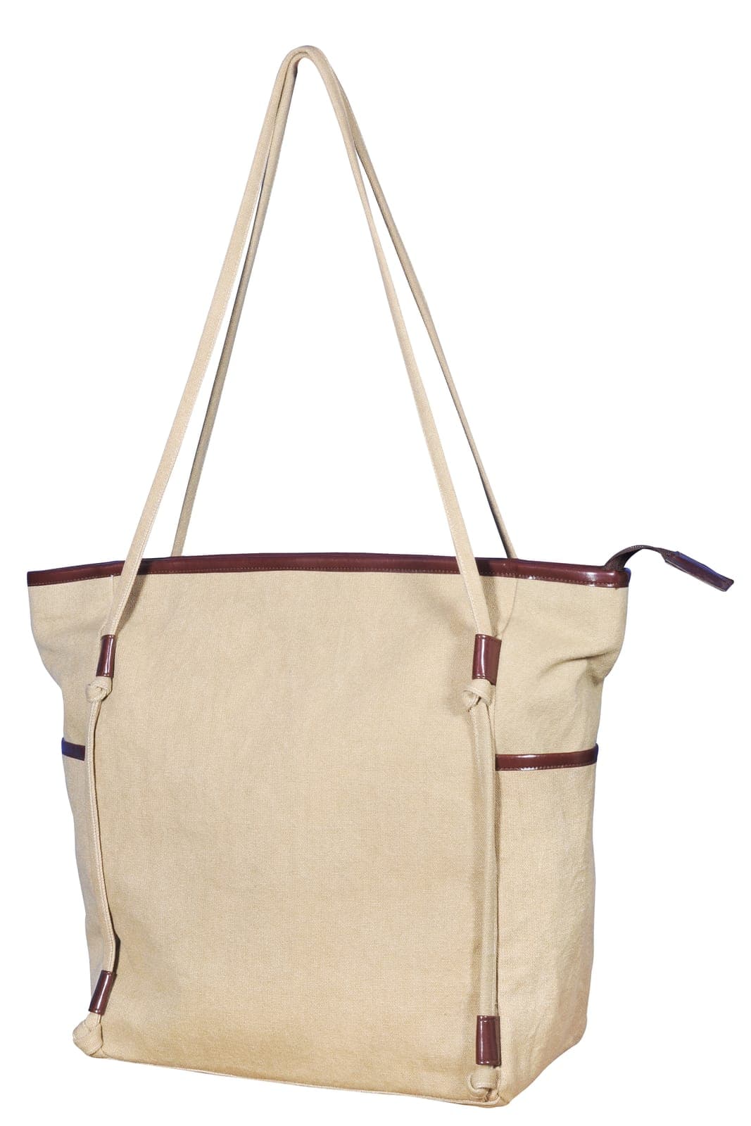 Natural canvas tote bag with long straps and a zip top