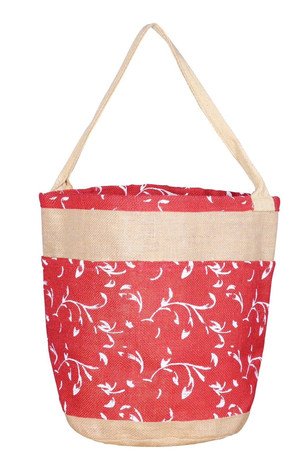 Red floral print bucket-style bag with a natural jute band