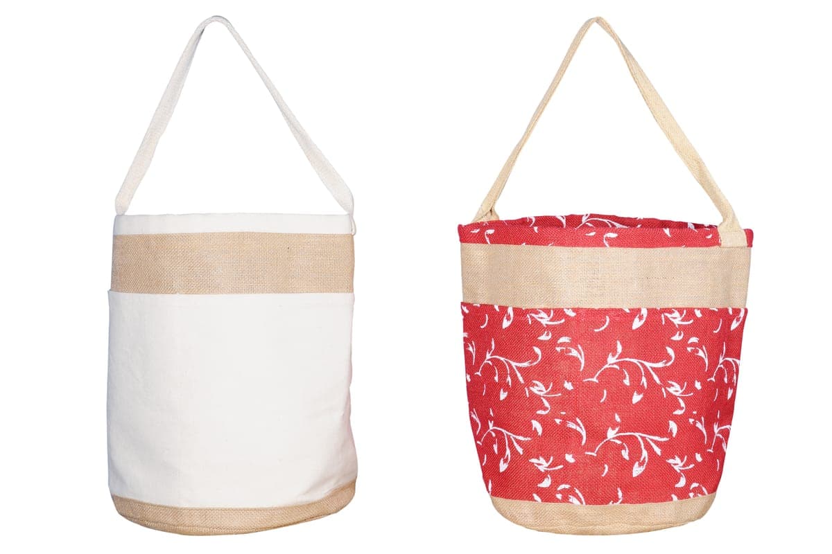 White and red floral jute bucket-style bags