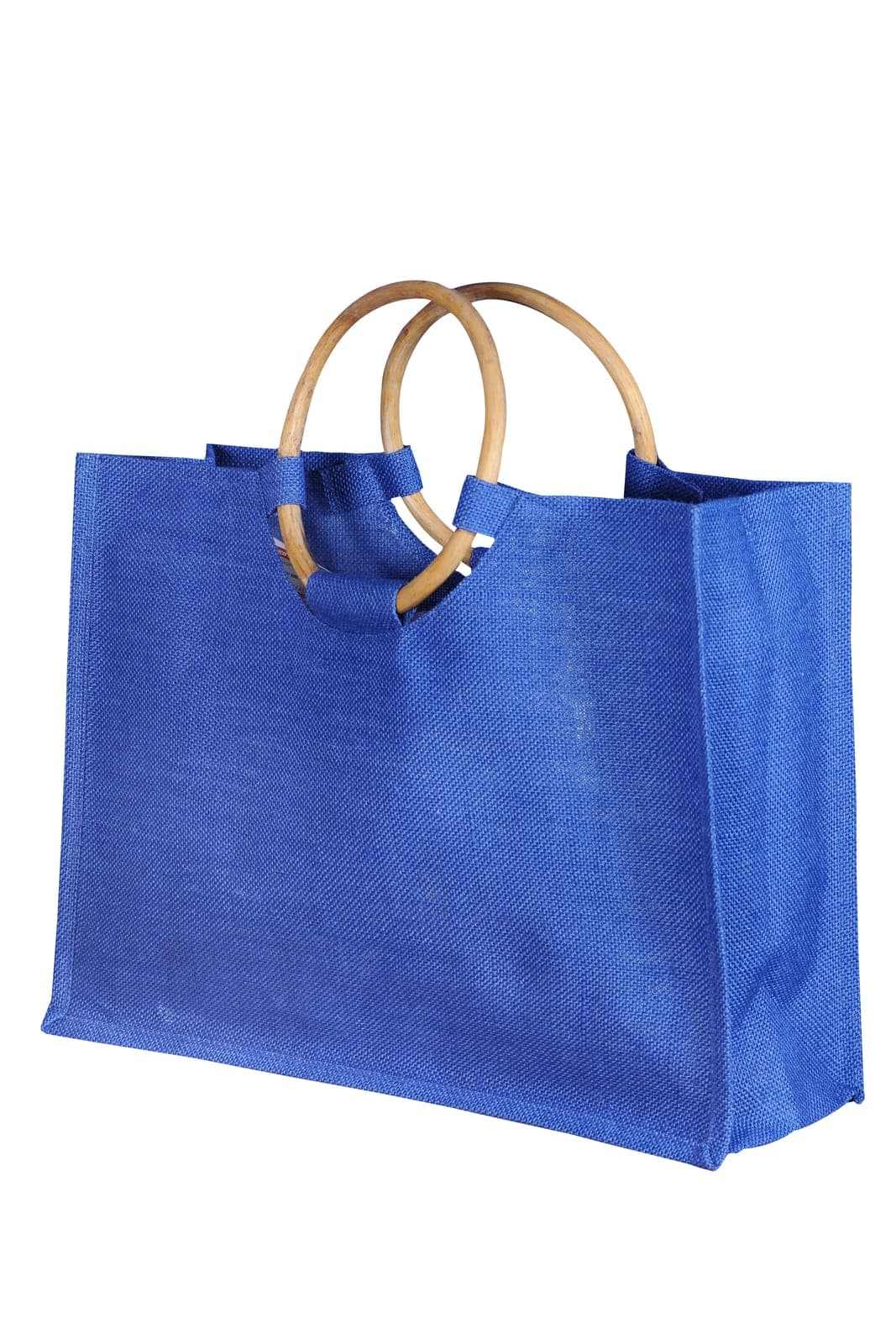 Blue jute bag with round bamboo handles