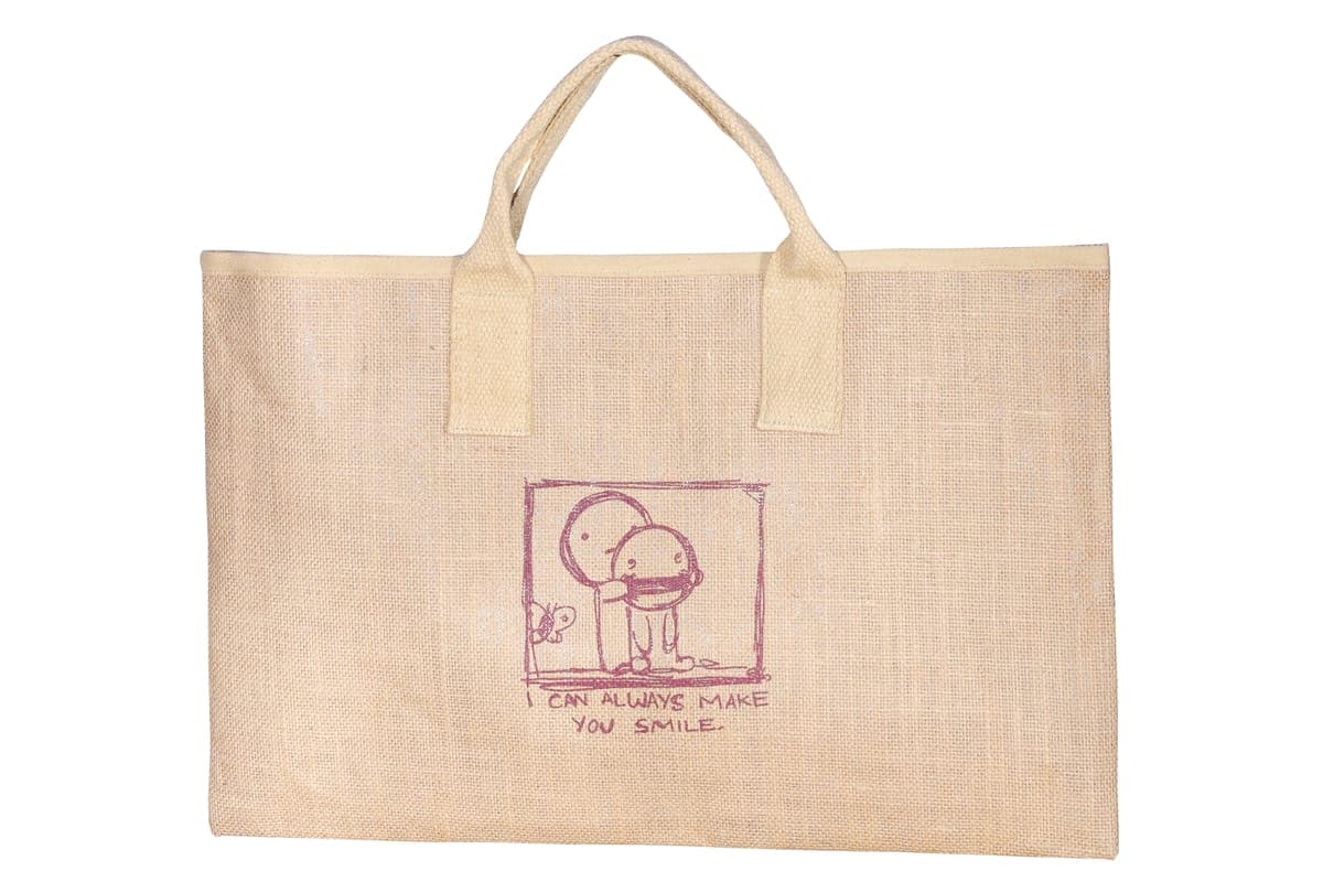 Natural jute bag with a custom cartoon print, a sample made for a client