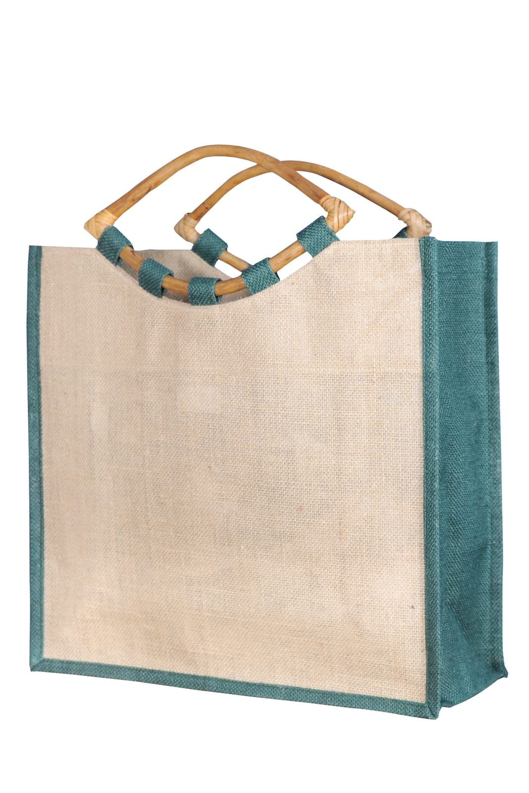 Natural jute bag with teal sides and round bamboo handles