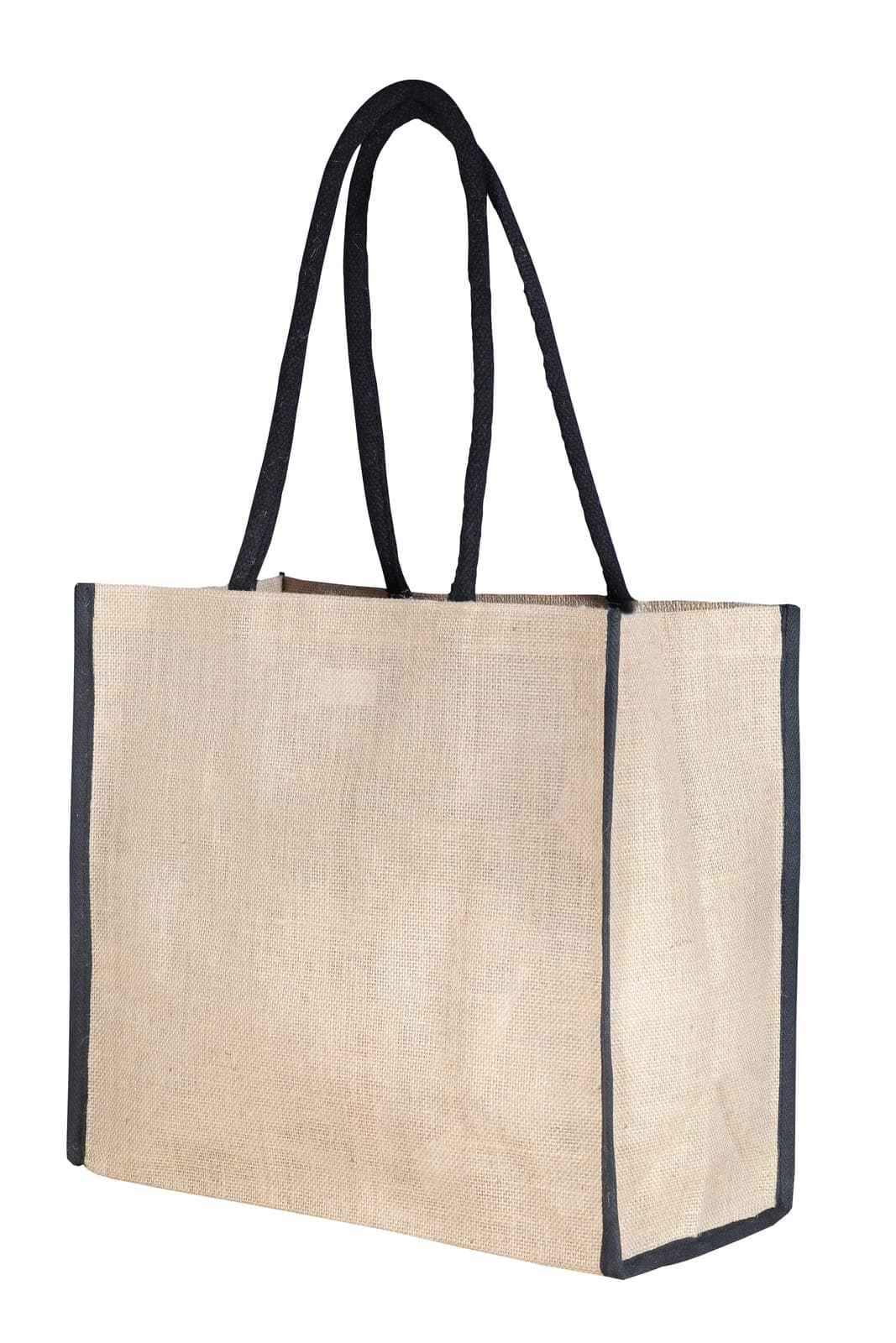 Natural jute bag with black handles and black edge trim