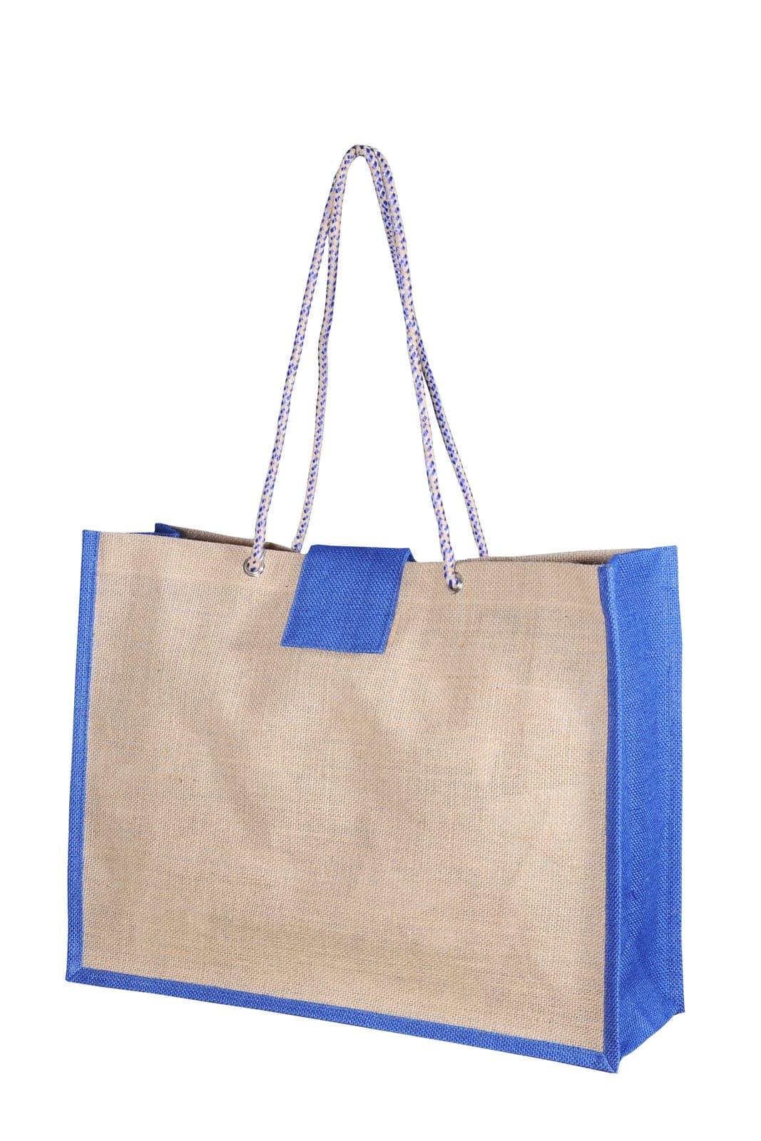 Natural jute bag with a blue border and rope handles