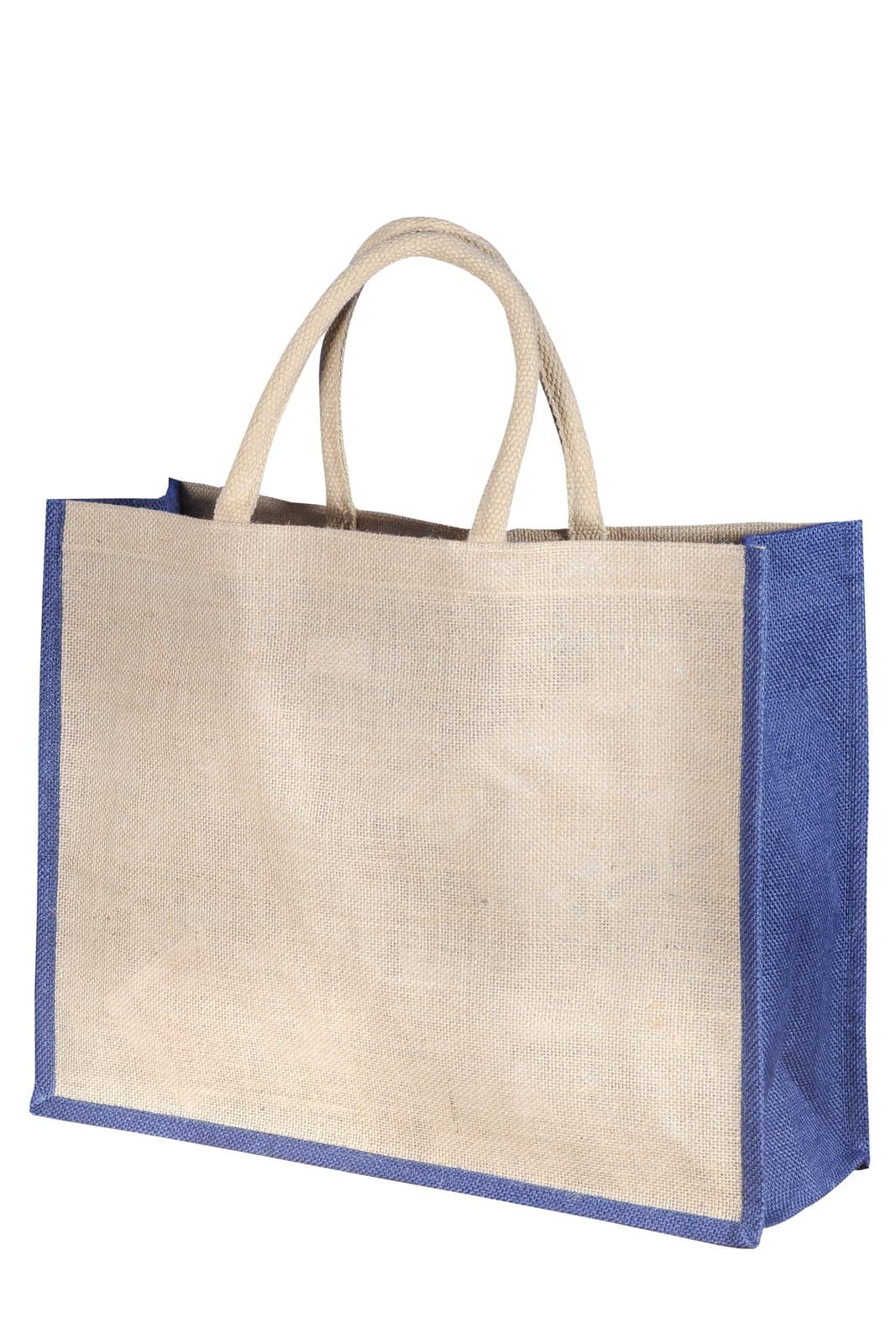 Natural jute bag with blue side and base trim