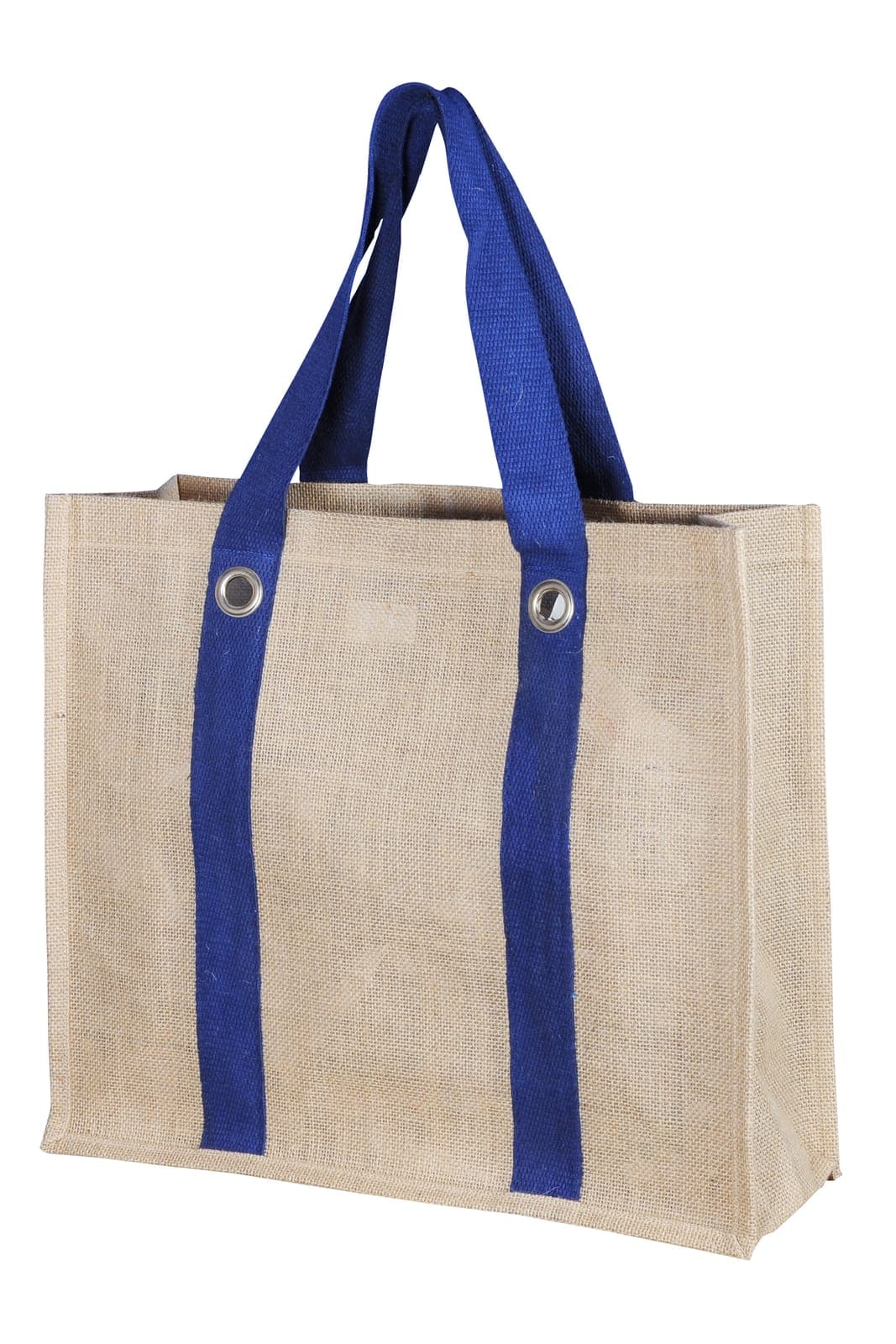 Natural jute bag with blue webbing straps and metal eyelets