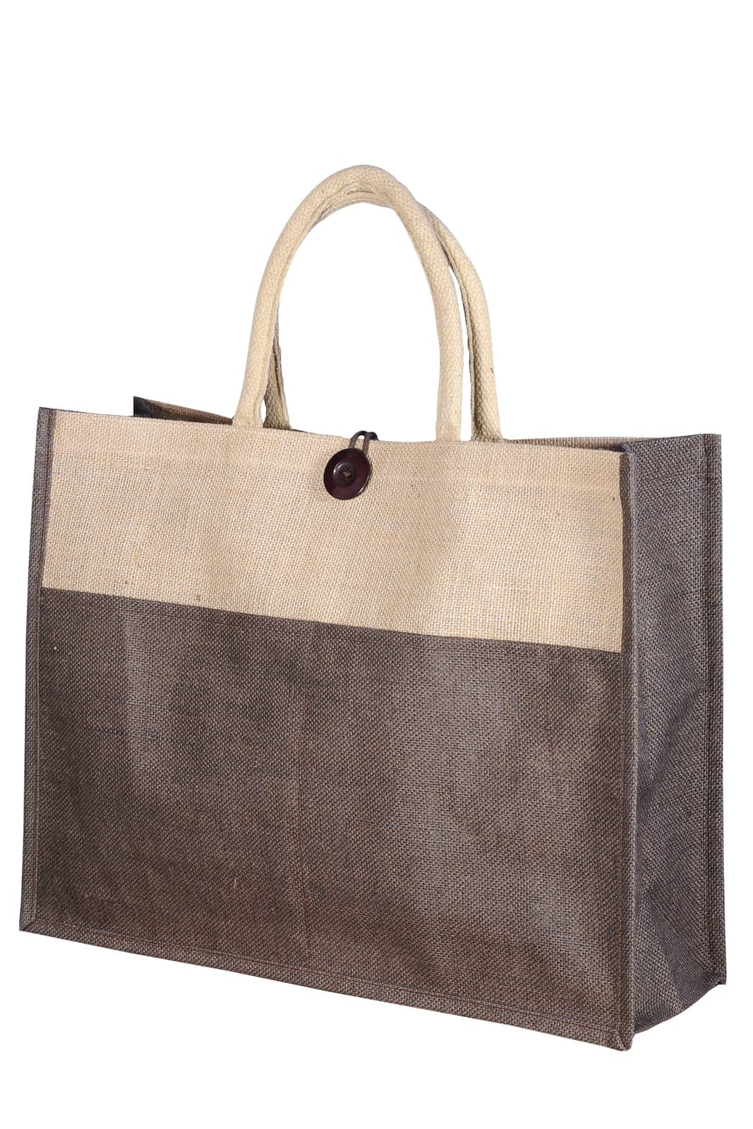 Natural jute bag with a brown lower pocket and button closure