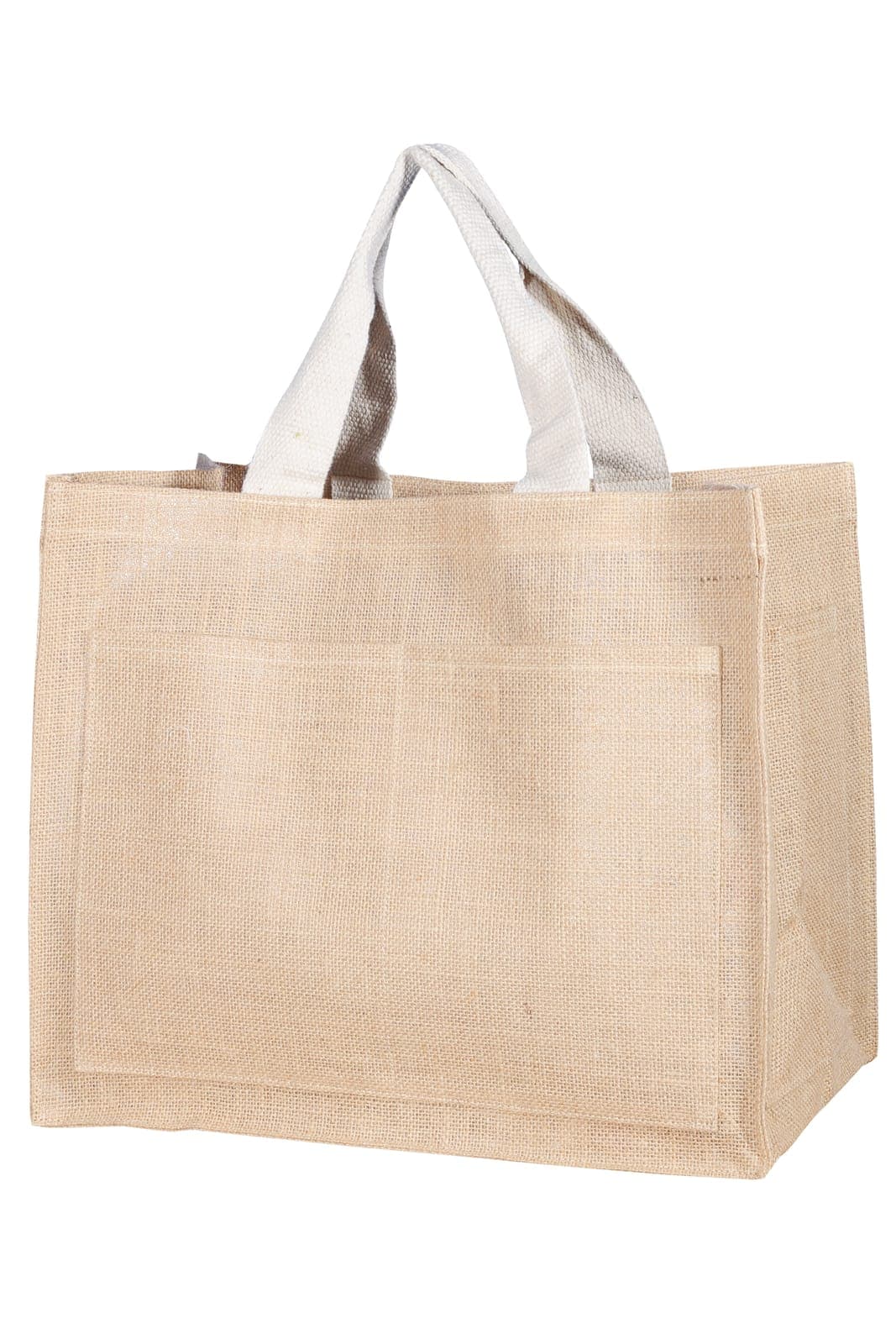 Natural jute bag with a front pocket and white cotton handles