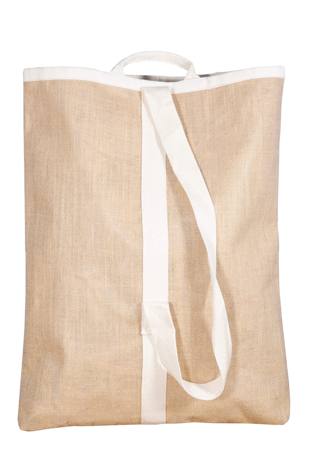 Natural jute bag with a long white cotton strap