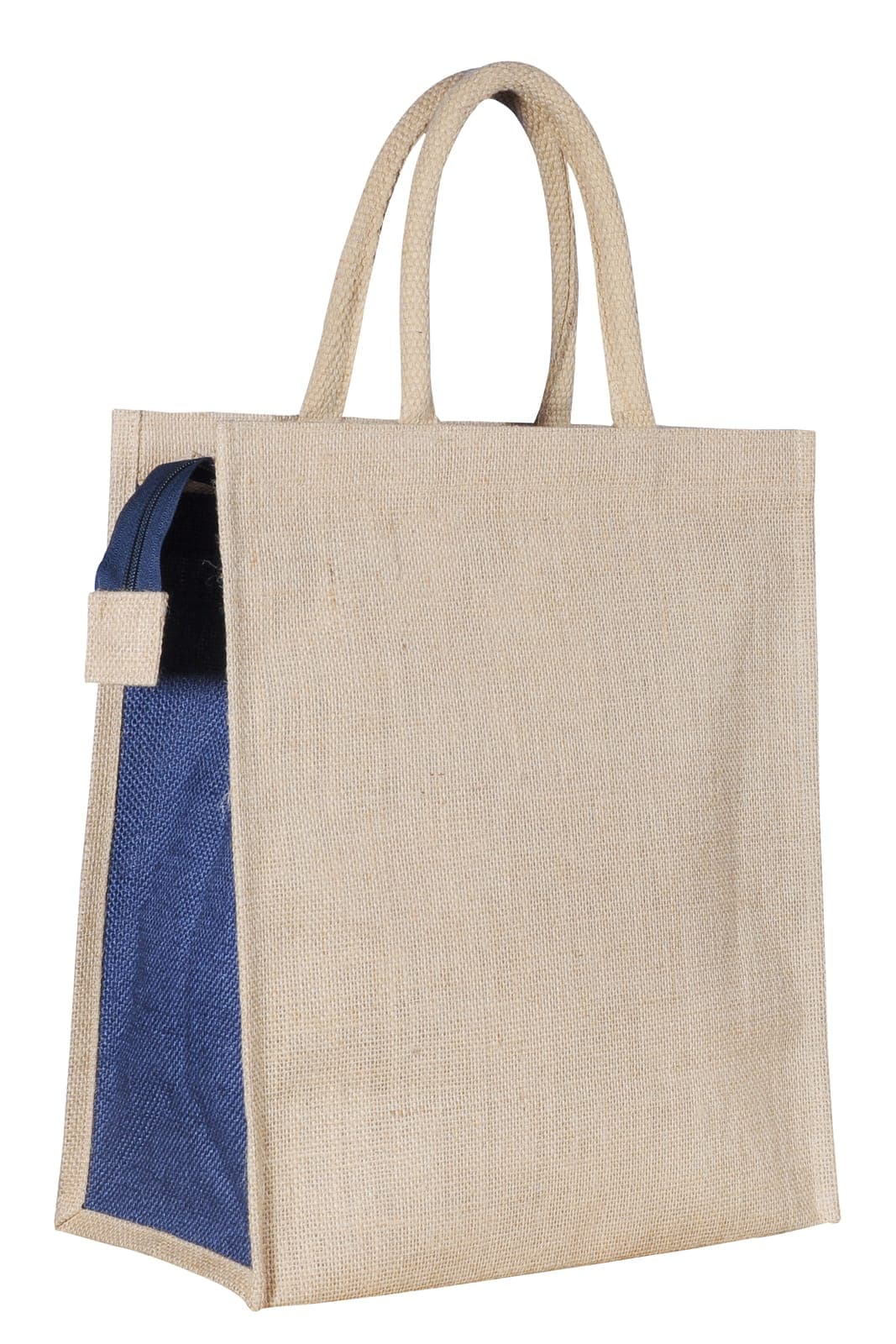 Natural jute bag with a navy side panel and cream handles