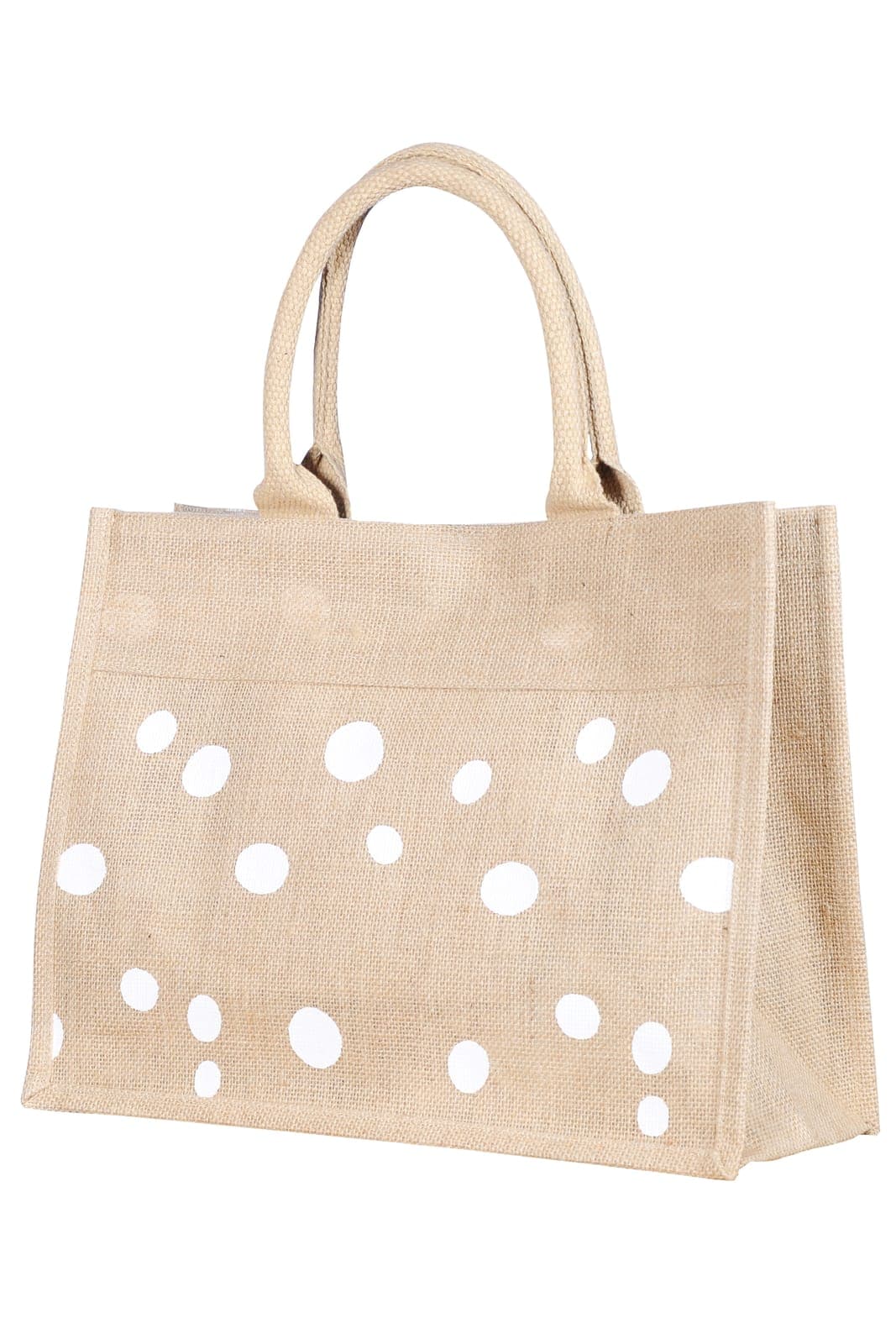 Natural jute bag with a white polka dot pattern