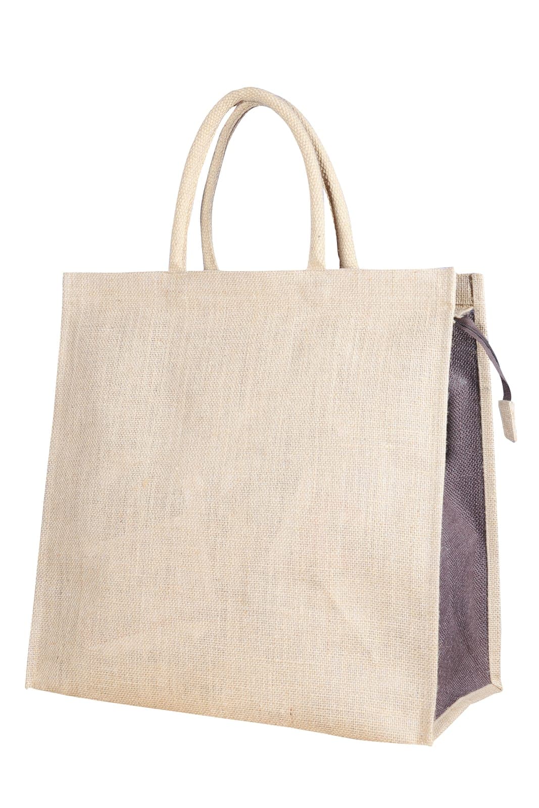 Natural jute bag with a side zip and cream handles