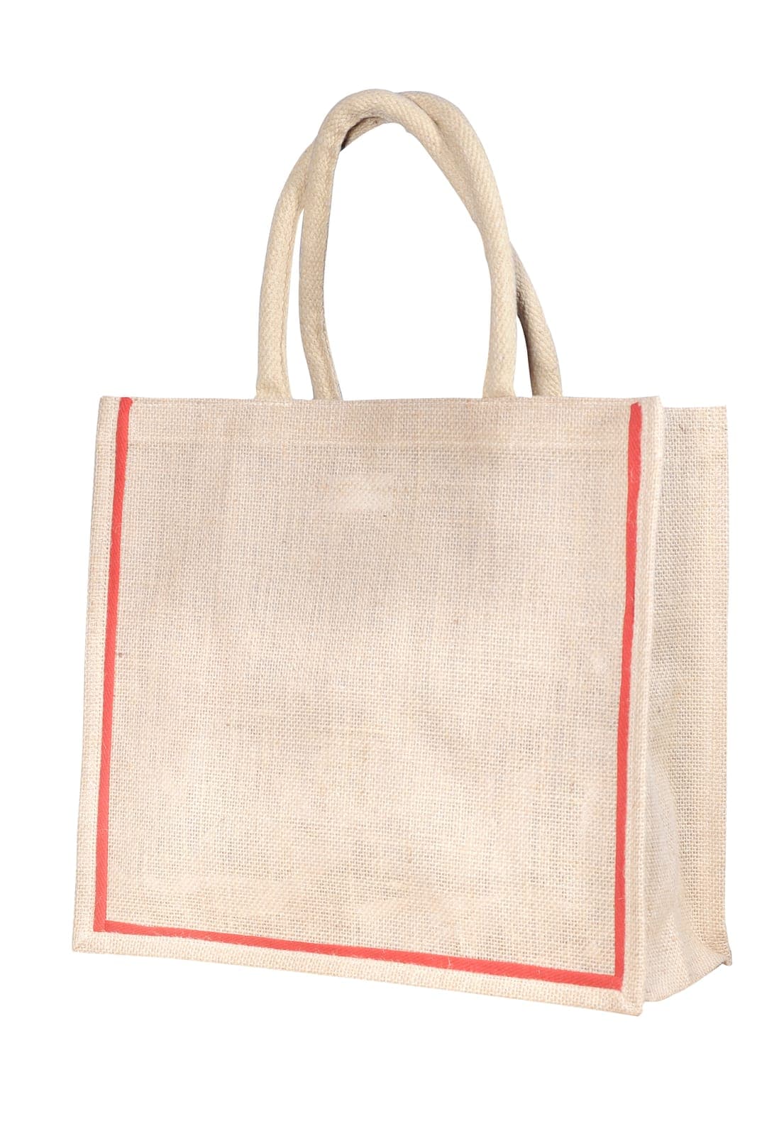 Natural jute tote bag with a red trim line and cream handles