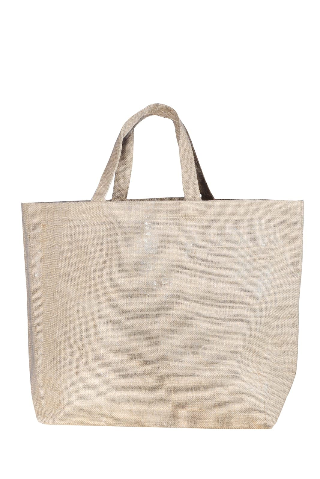 Small natural jute bag with brown handles