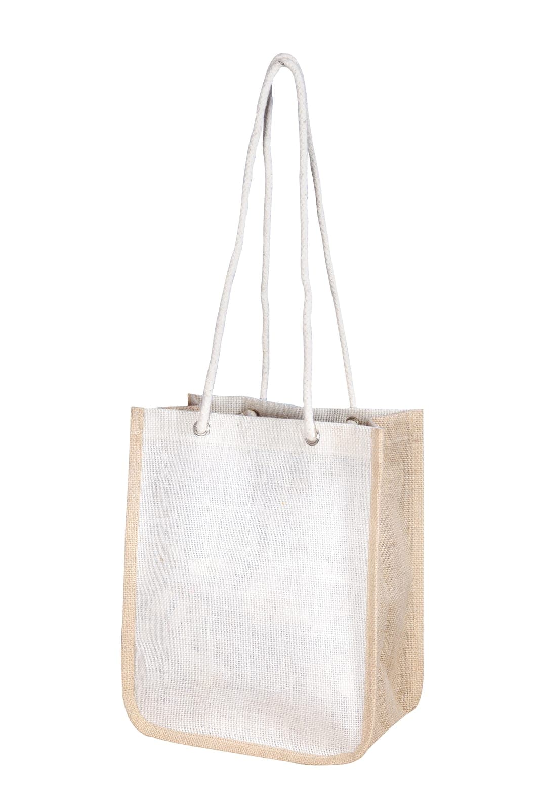 Small white jute bag with long white rope handles
