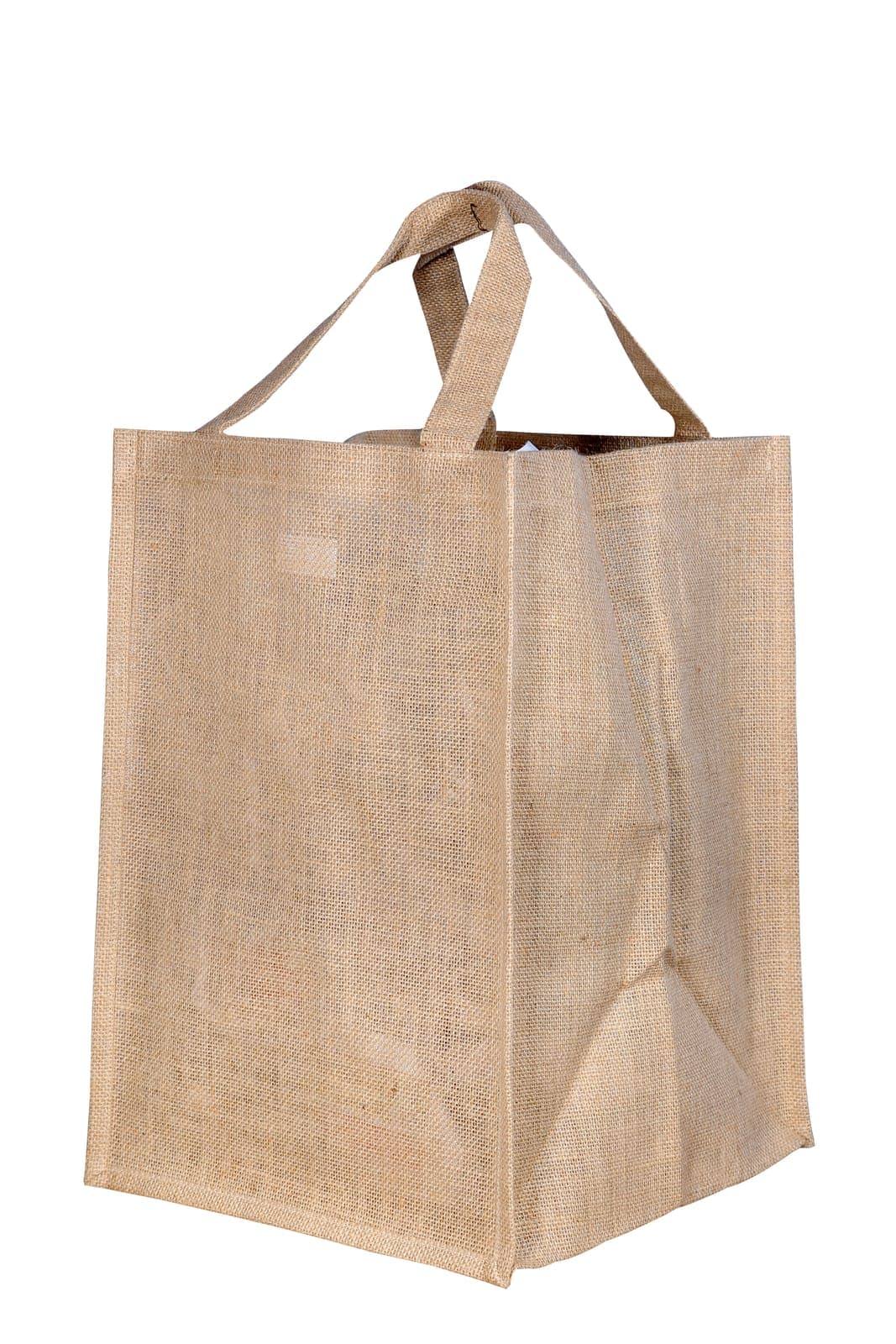 Tall natural jute bag with a wide base and brown handles