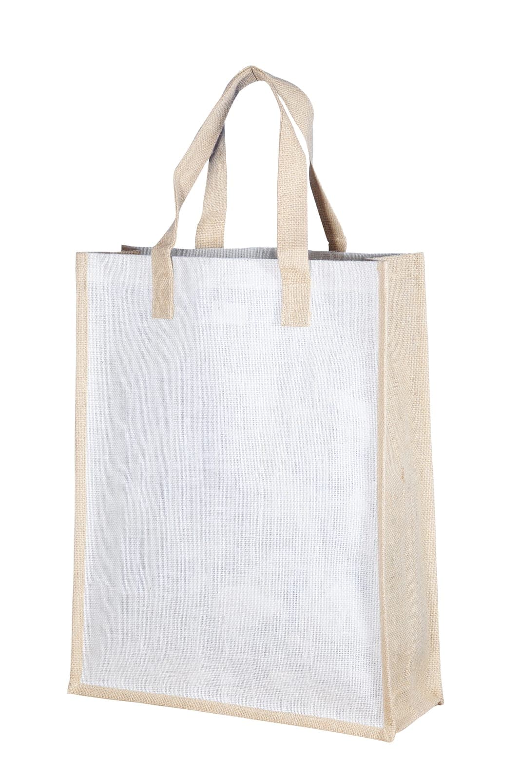 White jute bag with cream trim and handles