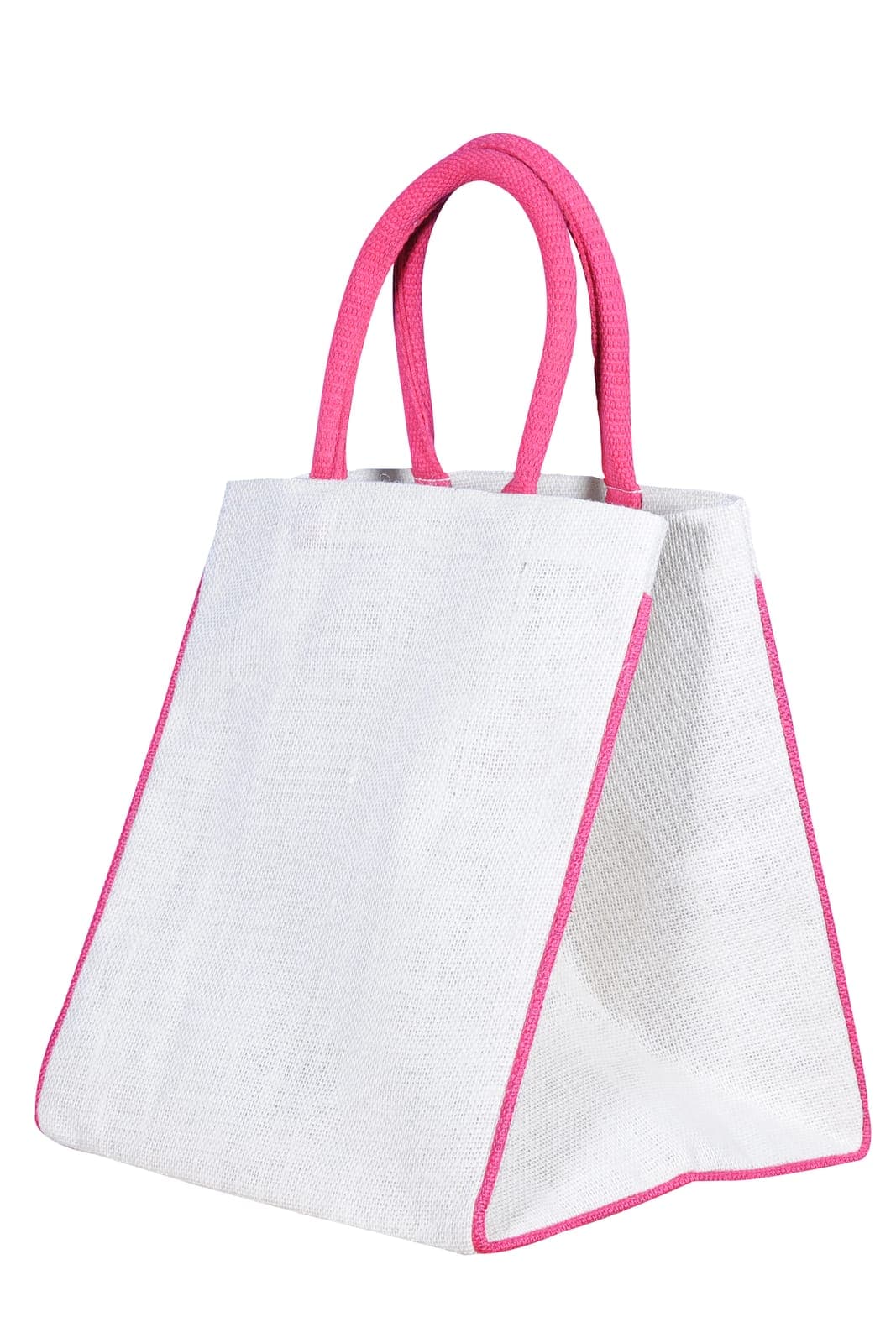 White jute bag with pink handles and pink piping