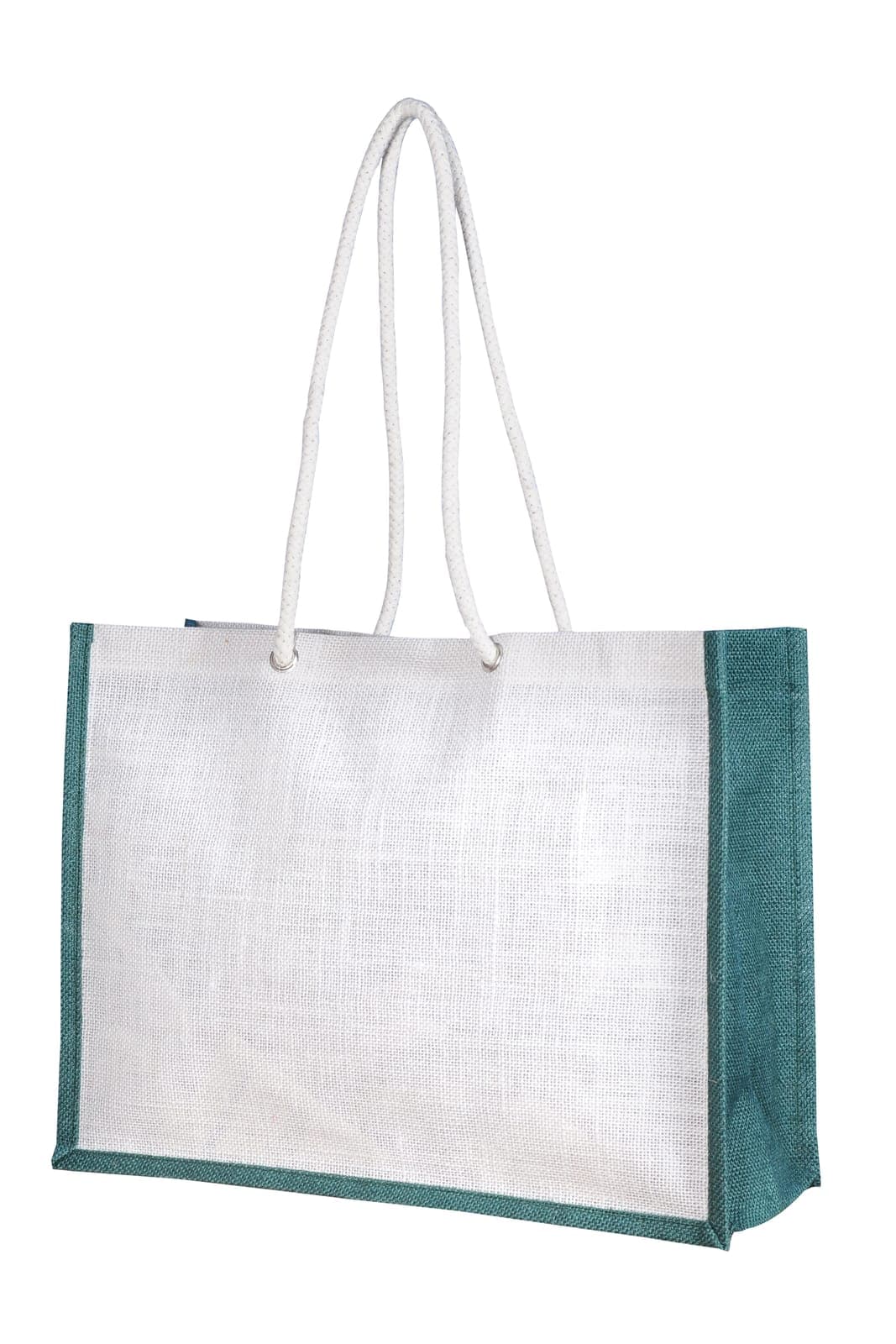 White jute bag with a teal side panel and white rope handles