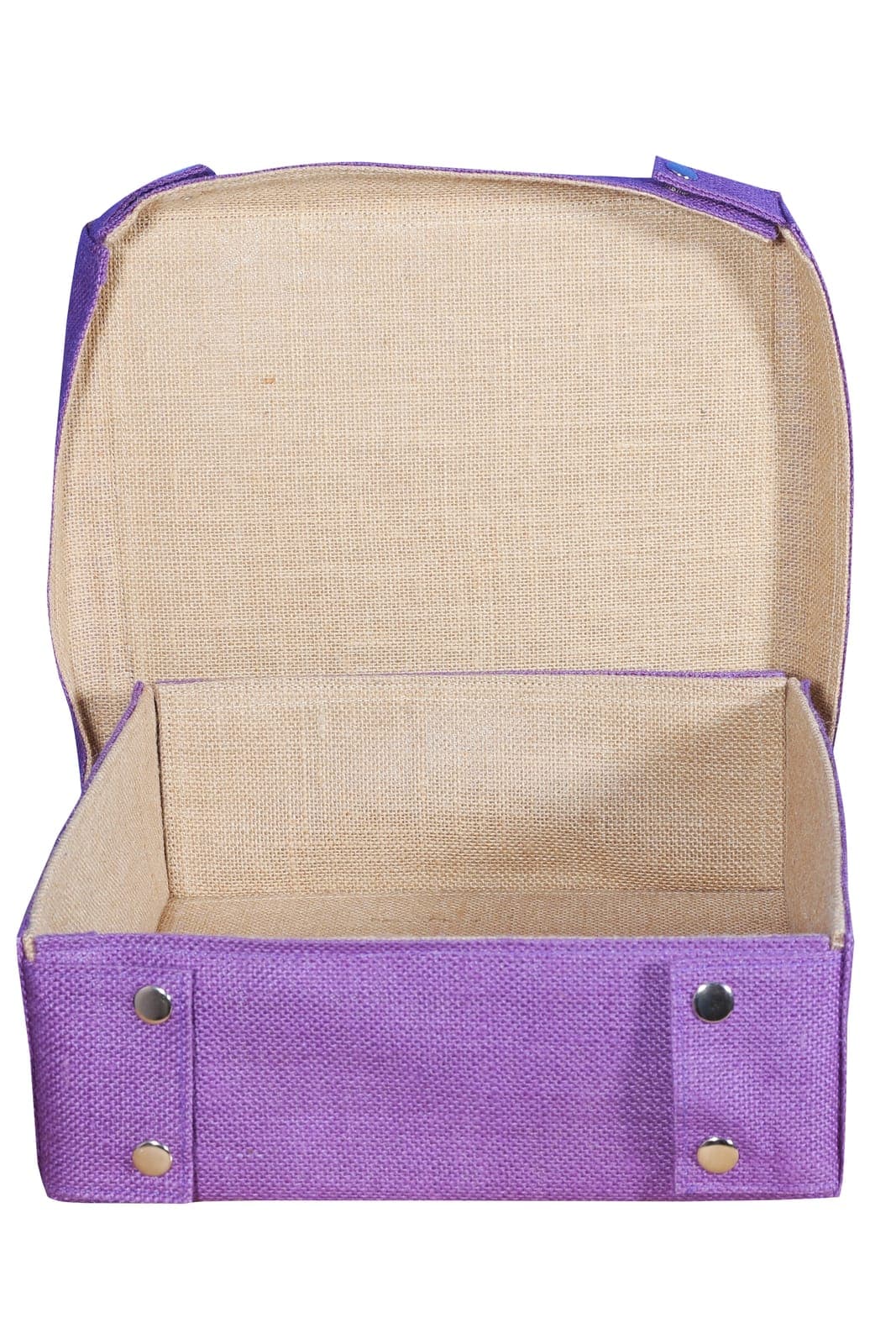 Jute storage box with purple sides and an open lid
