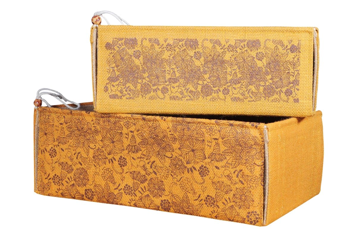 Yellow printed jute boxes with lids