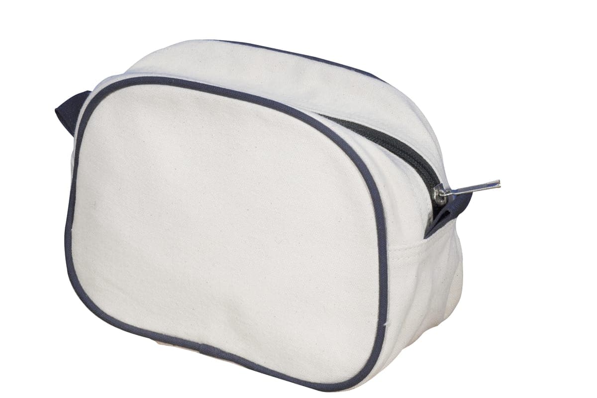 Cream cotton wash bag with navy zip trim