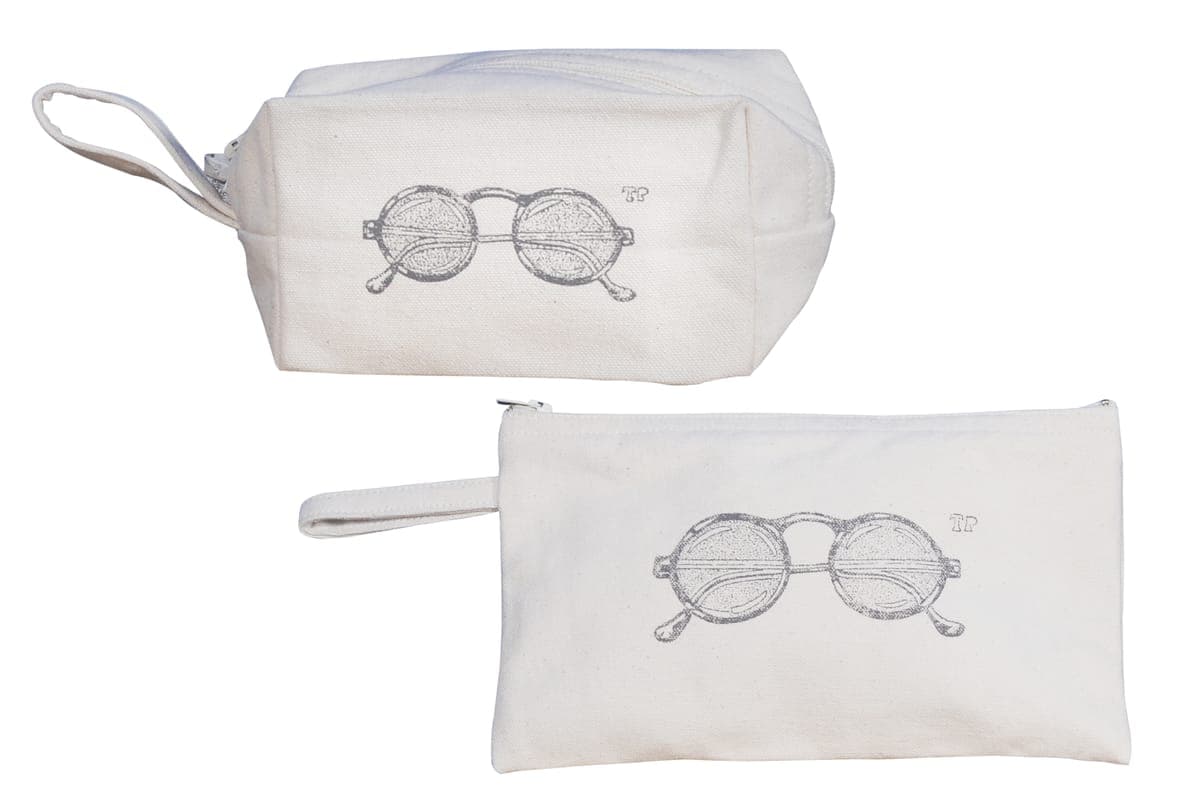 Cream cotton zip pouches with a sunglasses sketch print