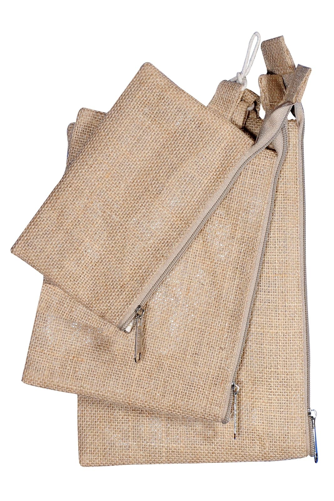 Set of natural jute zip pouches