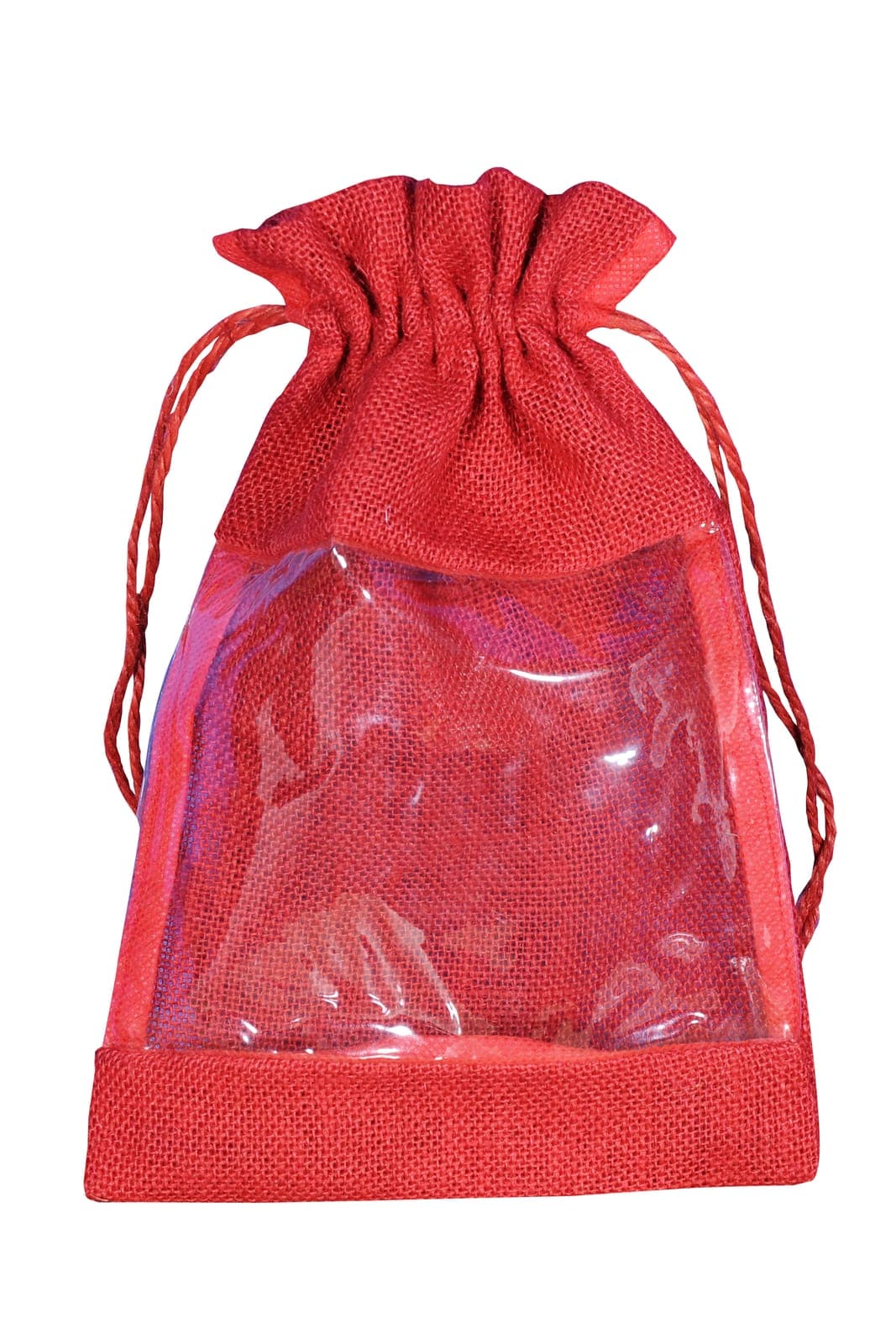 Red jute drawstring pouch with a clear window